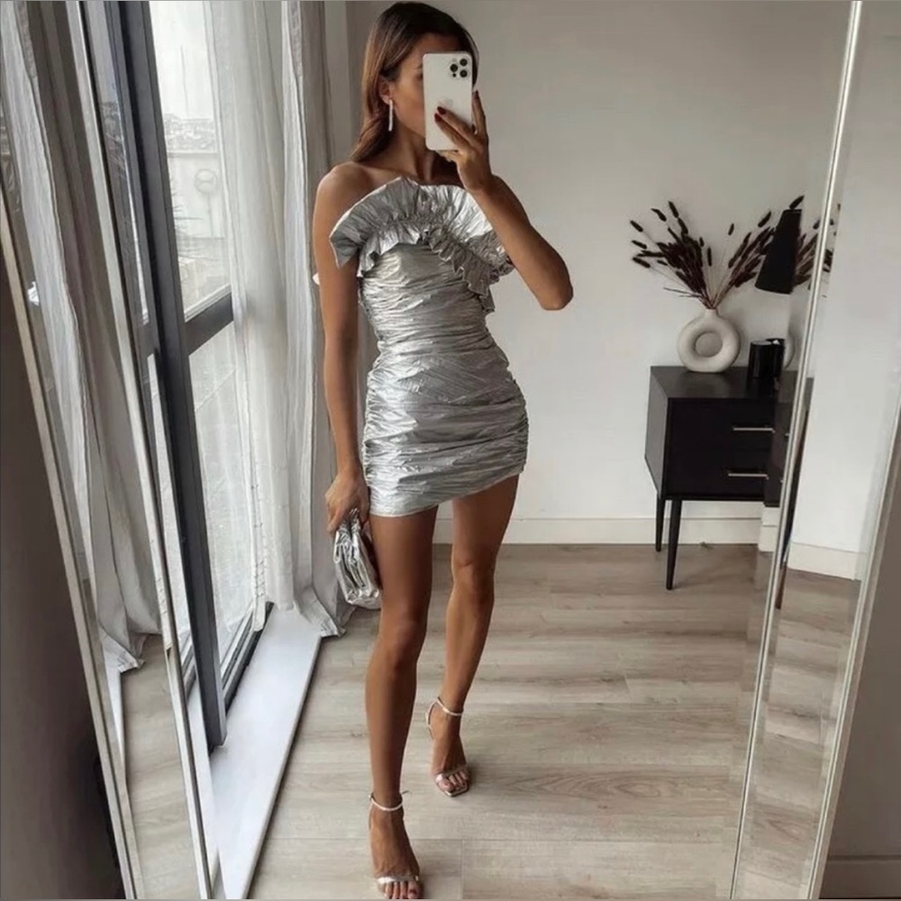 Zara Silver Mini Dress W/ Ruffle Straight Neckline Gathered Sides Size Large NWT